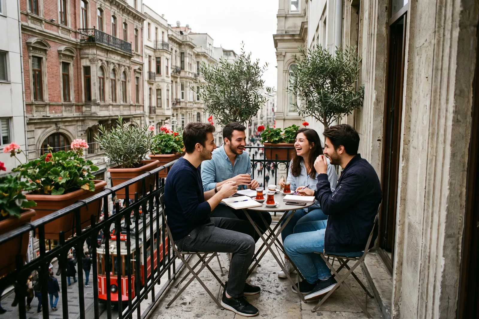 İstiklal’e bakan terasta sohbet eden öğrenciler